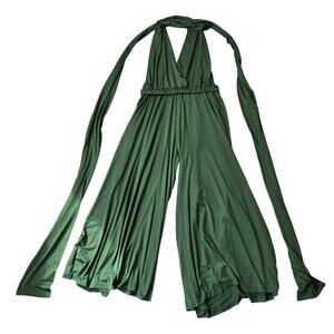 Choles Green Halter Jumpsuit Womens XL Wide Leg Wrap Tie Convertible Party Retro